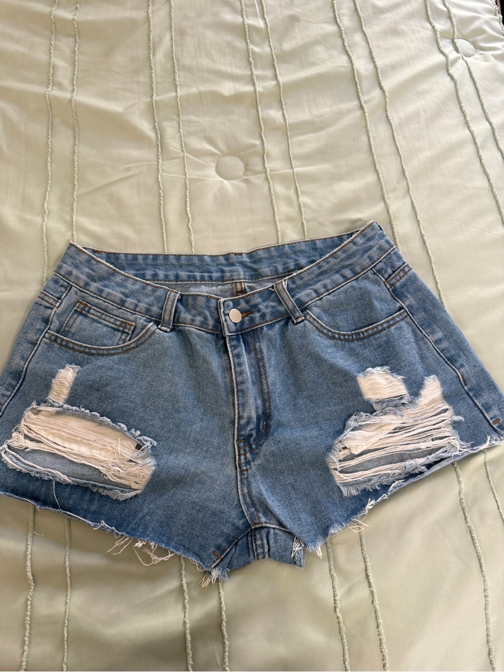 SHEIN Light Blue Distressed Denim Cutoff Shorts